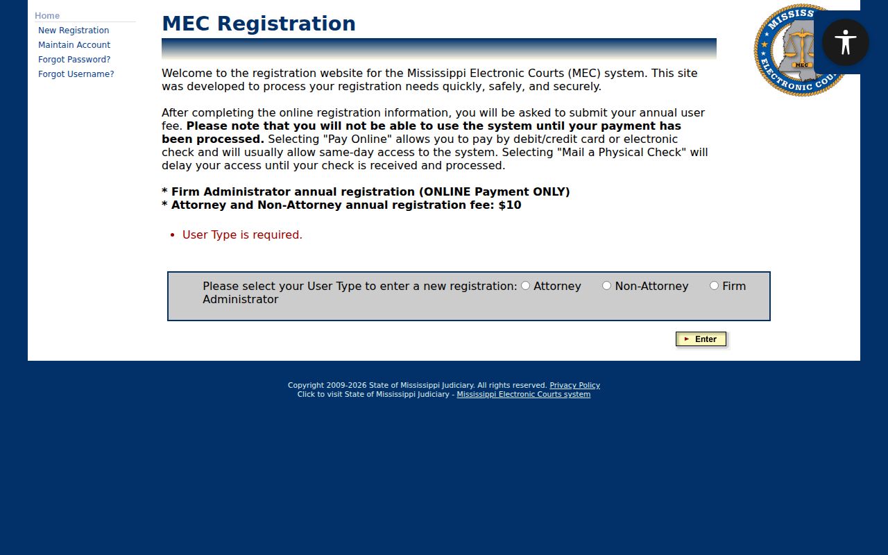 PAMEC public access account registration for Sunflower County circuit cases